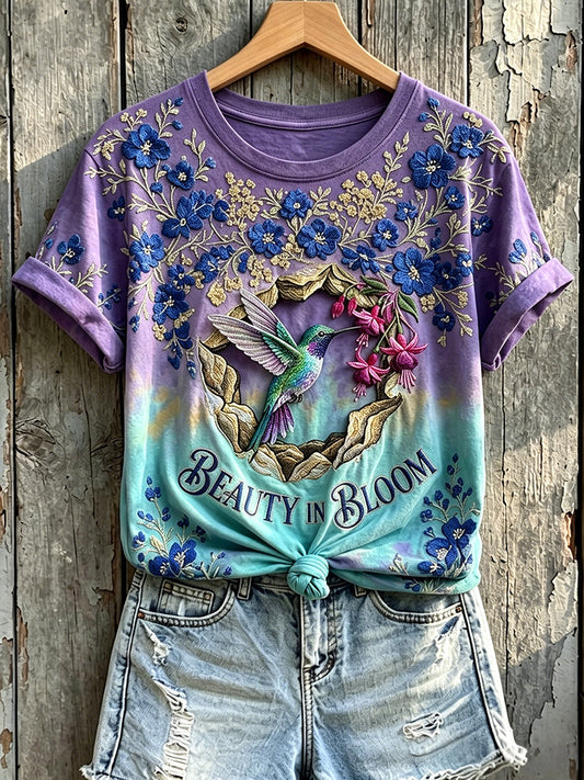 Women's Beauty In Bloom Hummingbird Floral Print Short-sleeved T-shirt gracestitchs