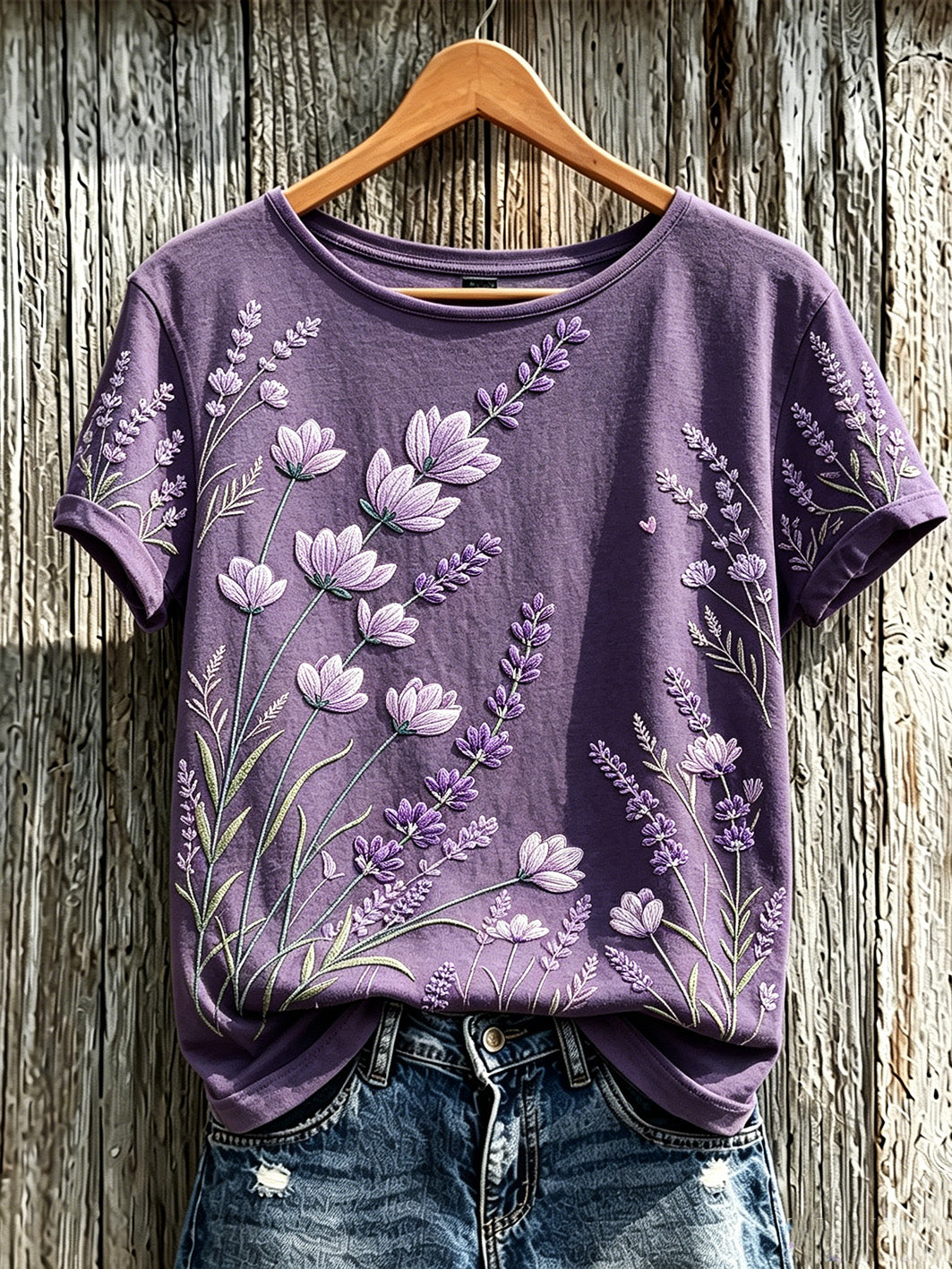 Women's Purple Plant Flower Pattern Printed Casual Short-Sleeved T-shirt gracestitchs
