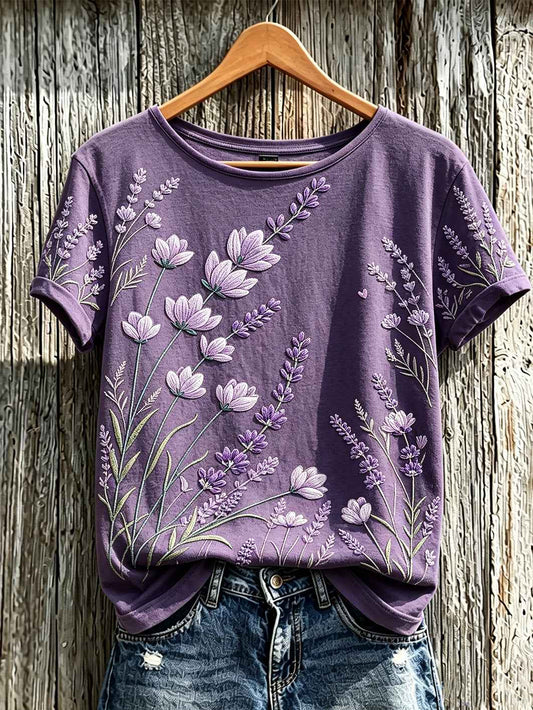 Women's Purple Plant Flower Pattern Printed Casual Short-Sleeved T-shirt