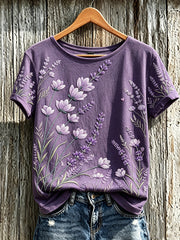 Women's Purple Plant Flower Pattern Printed Casual Short-Sleeved T-shirt gracestitchs