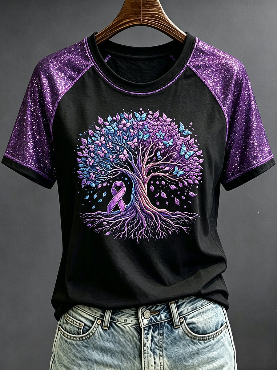 Women's Purple Ribbon Tree Glitter Art Print Round Neck Short Sleeve T-shirt gracestitchs