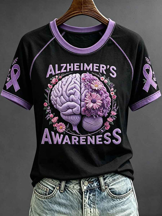 Women's Purple Ribbon Awareness Print Round Neck Short Sleeve T-shirt