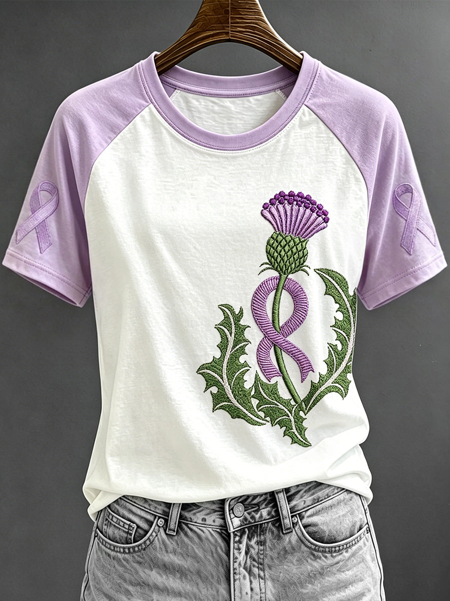 Women's Purple Ribbon Scottish Thistle Print Contrast Sleeve Round Neck T-shirt gracestitchs