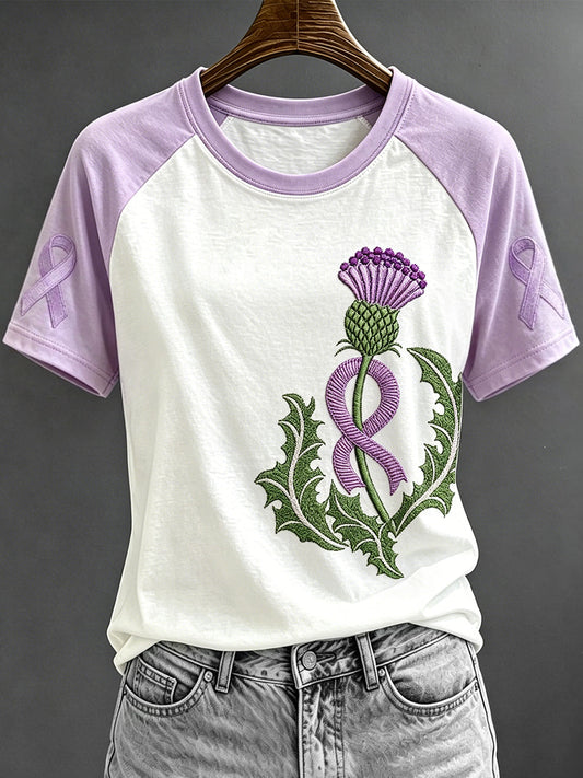 Women's Purple Ribbon Scottish Thistle Print Contrast Sleeve Round Neck T-shirt gracestitchs