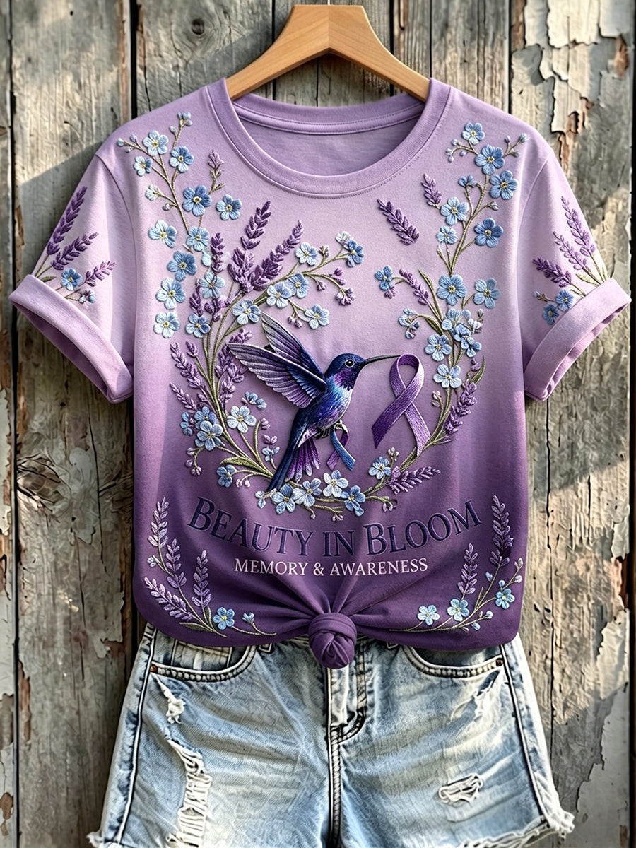 Women's Memory & Awareness Purple Ribbon Hummingbird Print Short-sleeved T-shirt gracestitchs