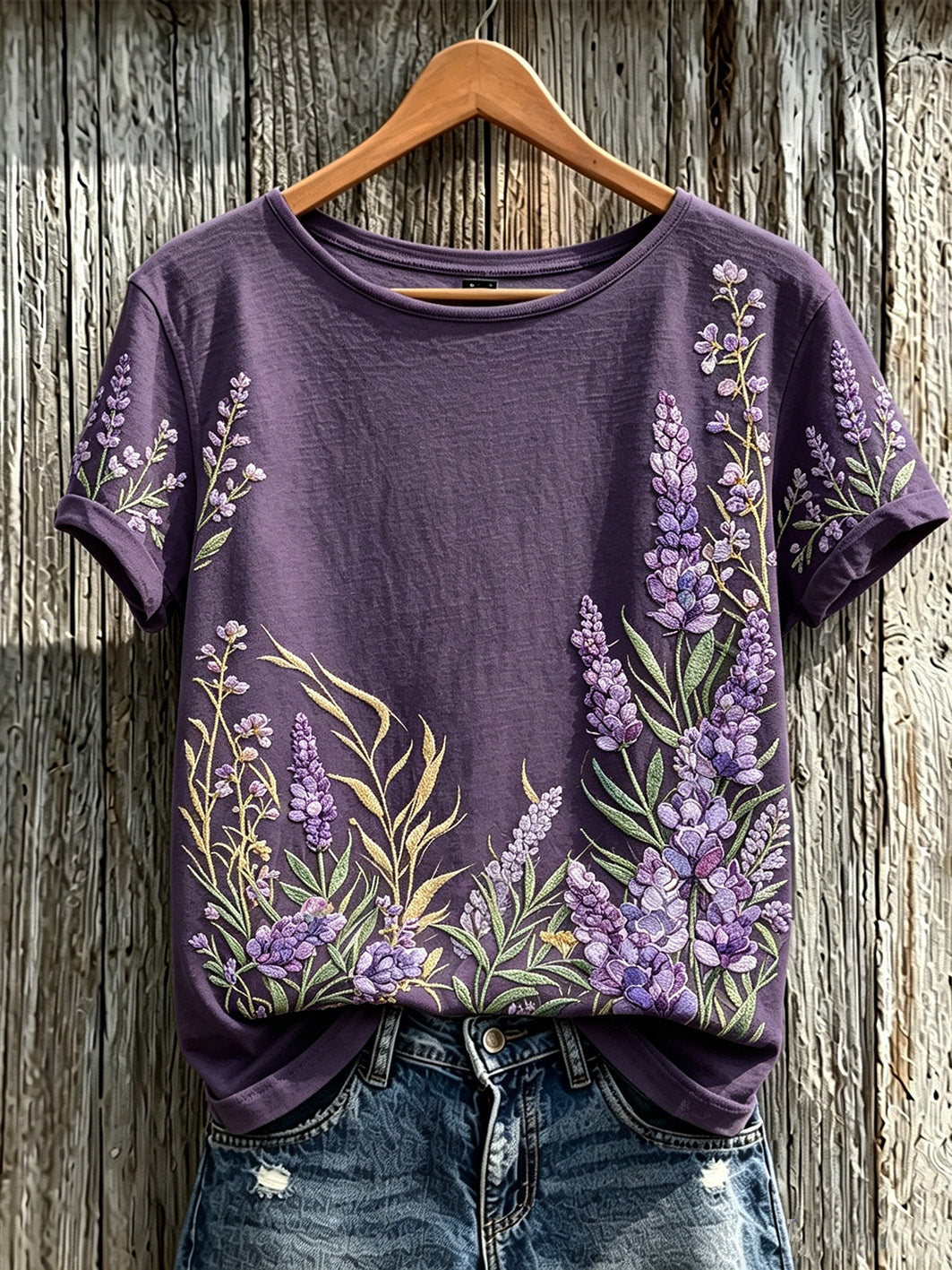 Women's Purple Plant Flower Pattern Printed Casual Short-Sleeved T-shirt gracestitchs