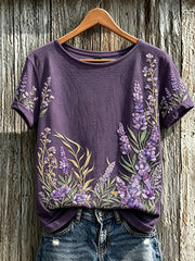 Women's Purple Plant Flower Pattern Printed Casual Short-Sleeved T-shirt gracestitchs