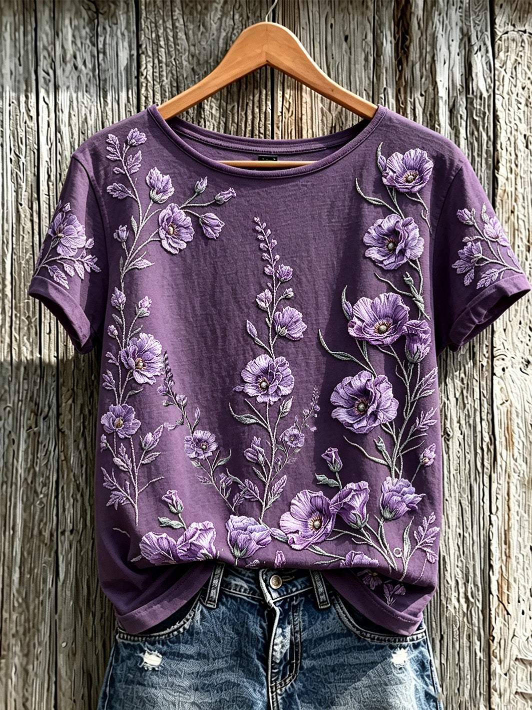 Women's Purple Plant Flower Pattern Printed Casual Short-Sleeved T-shirt gracestitchs