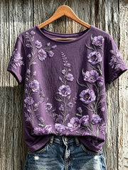 Women's Purple Plant Flower Pattern Printed Casual Short-Sleeved T-shirt gracestitchs