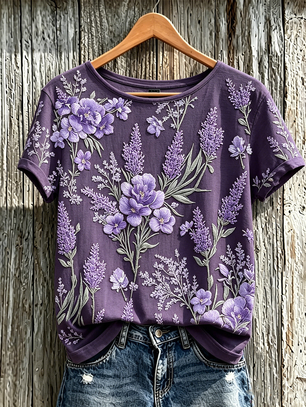 Women's Purple Plant Flower Pattern Printed Casual Short-Sleeved T-shirt gracestitchs