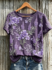 Women's Purple Plant Flower Pattern Printed Casual Short-Sleeved T-shirt gracestitchs