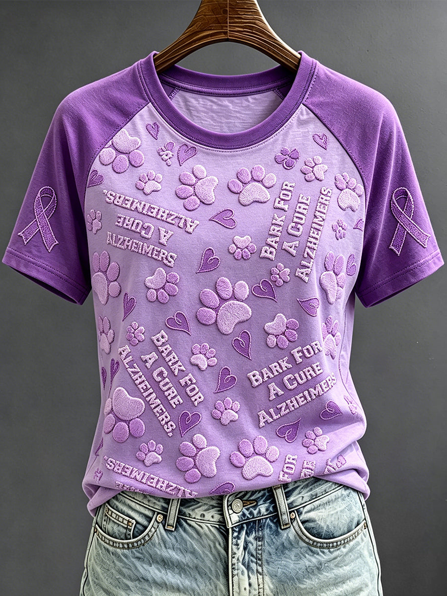 Women's Alzheimer Paws Purple Ribbon Print Round Neck Short Sleeve T-shirt gracestitchs