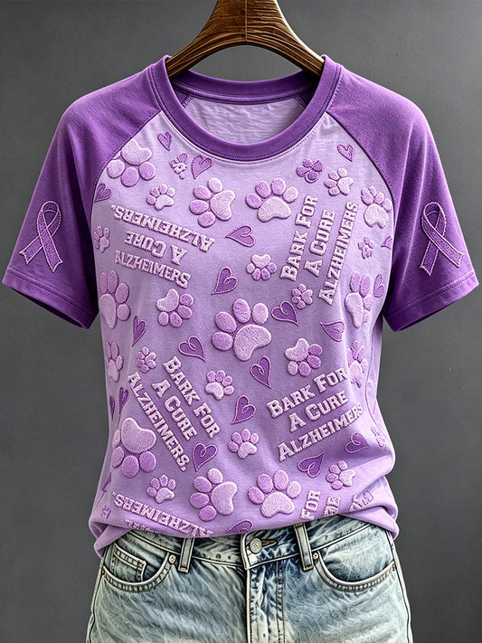 Women's Alzheimer Paws Purple Ribbon Print Round Neck Short Sleeve T-shirt gracestitchs