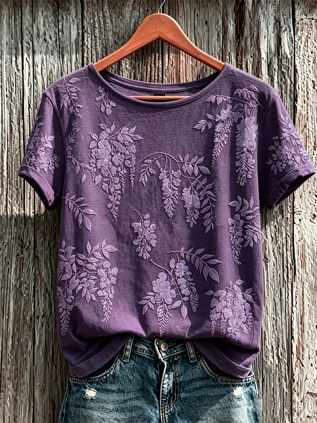 Women's Purple Plant Flower Pattern Printed Casual Short-Sleeved T-shirt gracestitchs