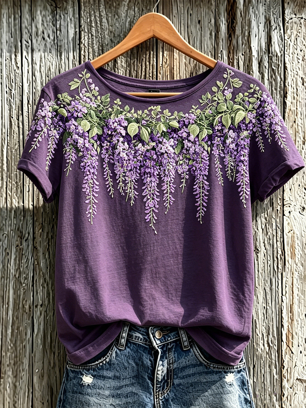 Women's Purple Plant Flower Pattern Printed Casual Short-Sleeved T-shirt gracestitchs