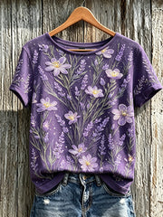 Women's Purple Plant Flower Pattern Printed Casual Short-Sleeved T-shirt gracestitchs