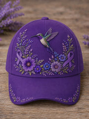 Unisex Purple Floral & Hummingbird Print Alzheimer's Awareness Support Hat gracestitchs