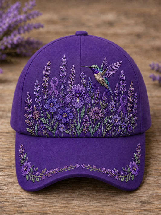 Unisex Purple Floral & Hummingbird Print Alzheimer's Awareness Support Hat gracestitchs