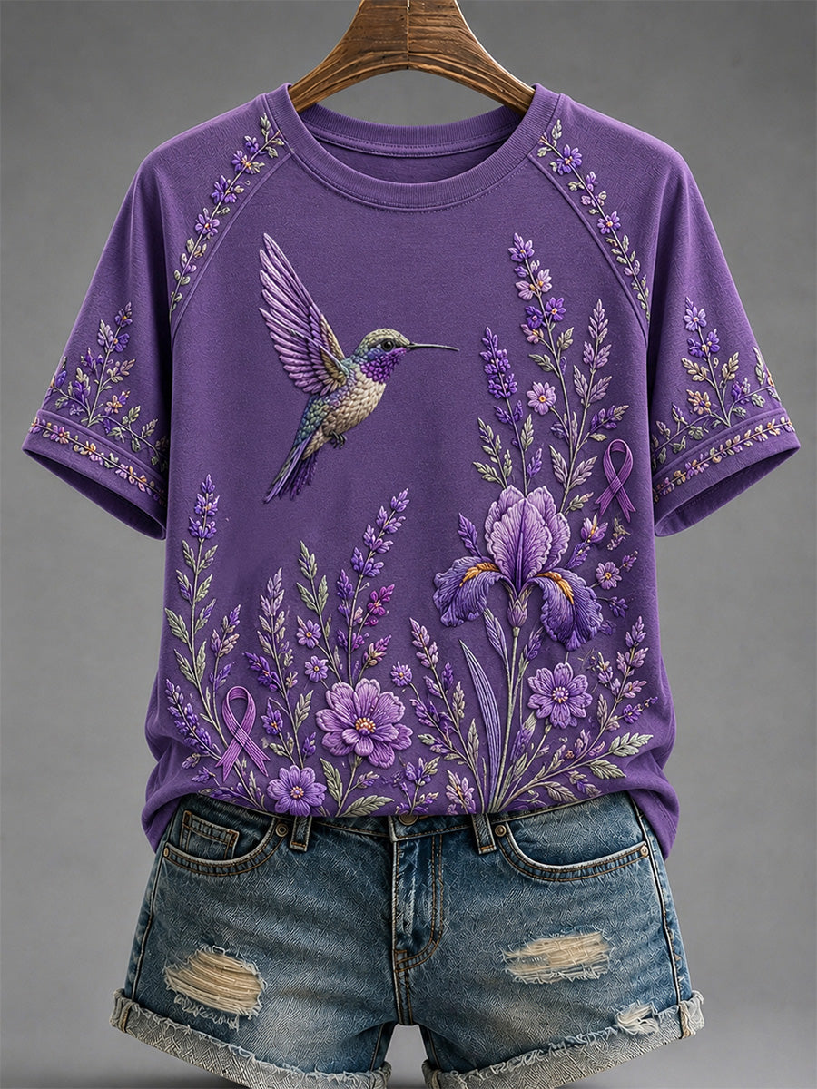 Women's Purple Floral & Hummingbird Print Alzheimer's Awareness Support Tee gracestitchs