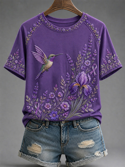 Women's Purple Floral & Hummingbird Print Alzheimer's Awareness Support Tee gracestitchs