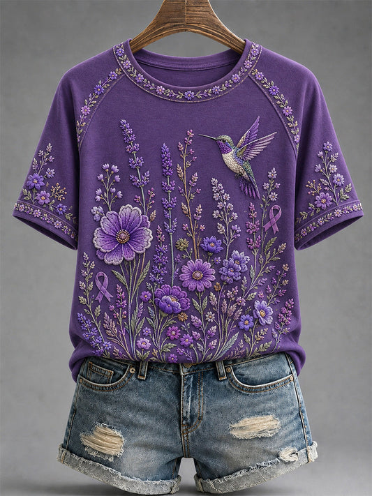 Women's Purple Floral & Hummingbird Print Alzheimer's Awareness Support Tee gracestitchs