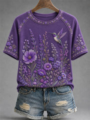 Women's Purple Floral & Hummingbird Print Alzheimer's Awareness Support Tee gracestitchs