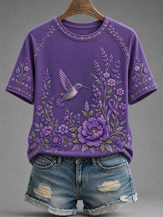 Women's Purple Floral & Hummingbird Print Alzheimer's Awareness Support Tee
