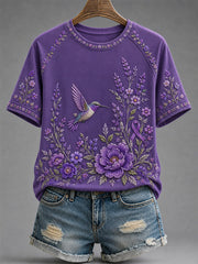 Women's Purple Floral & Hummingbird Print Alzheimer's Awareness Support Tee gracestitchs