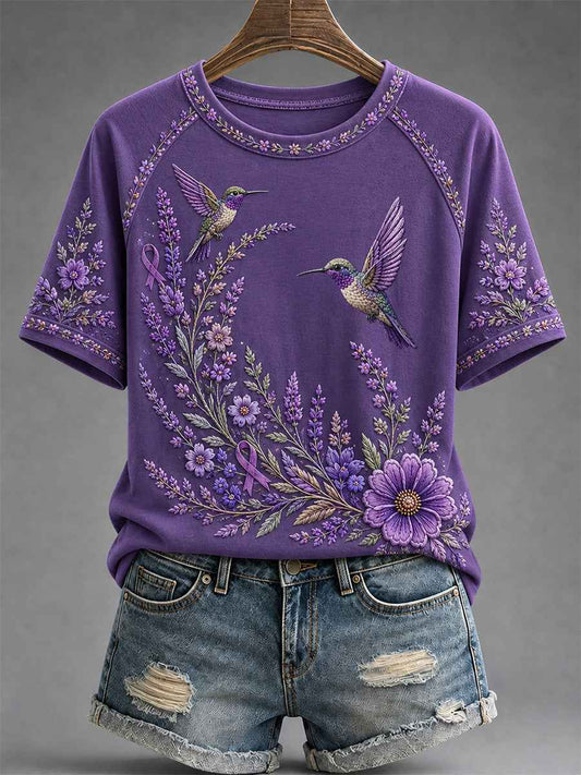 Women's Purple Floral & Hummingbird Print Alzheimer's Awareness Support Tee