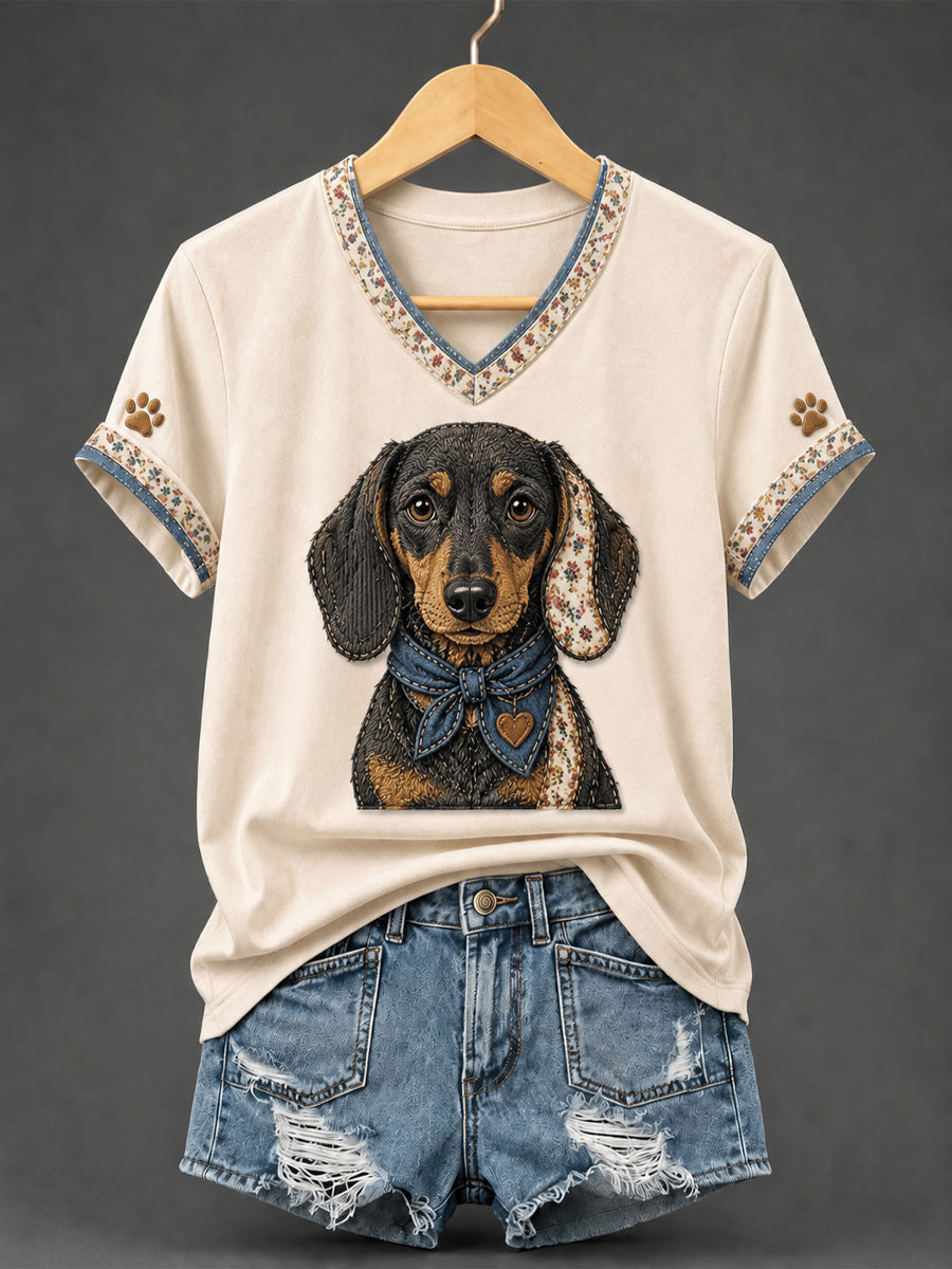 Women's Retro Patchwork Dog Print V-Neck Tee gracestitchs