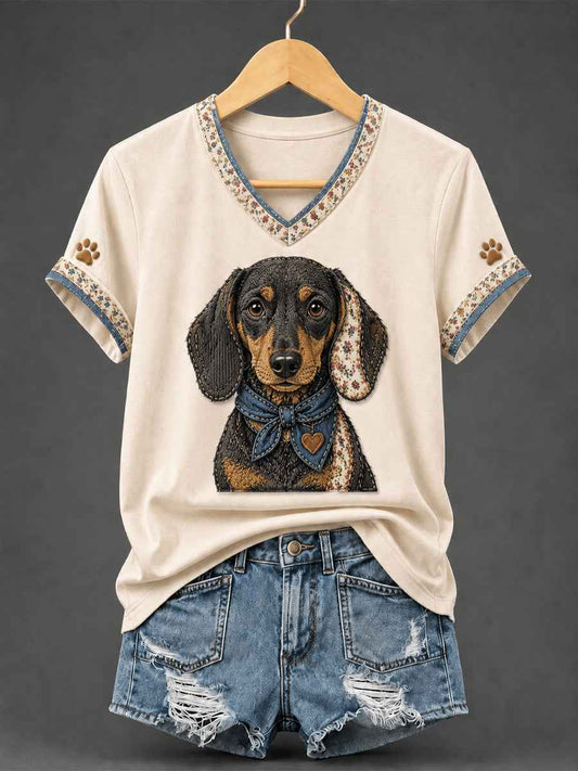 Women's Retro Patchwork Dog Print V-Neck Tee