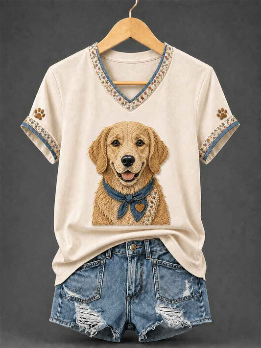 Women's Retro Patchwork Dog Print V-Neck Tee
