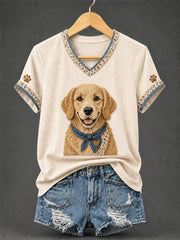 Women's Retro Patchwork Dog Print V-Neck Tee gracestitchs