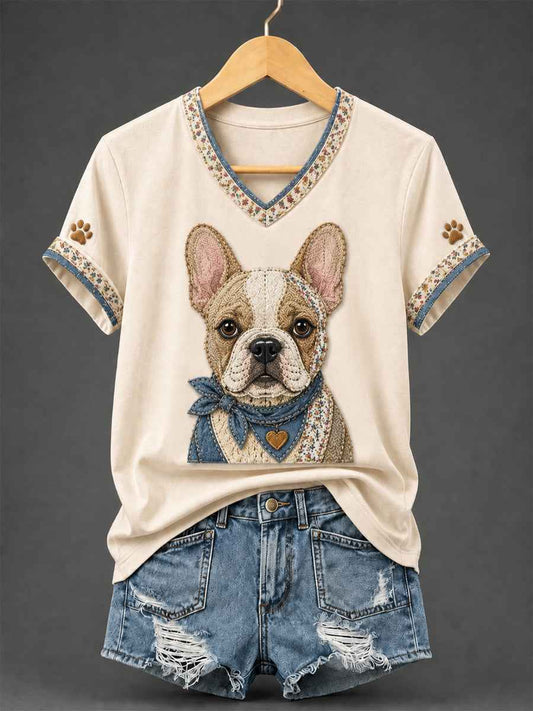 Women's Retro Patchwork Dog Print V-Neck Tee
