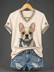 Women's Retro Patchwork Dog Print V-Neck Tee gracestitchs
