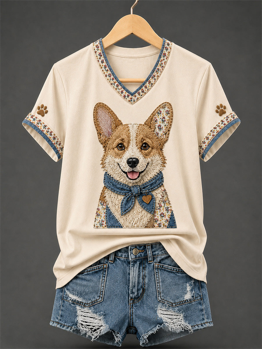 Women's Retro Patchwork Dog Print V-Neck Tee gracestitchs