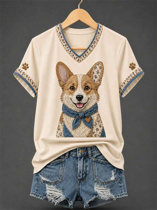 Women's Retro Patchwork Dog Print V-Neck Tee