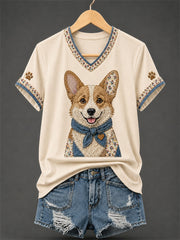Women's Retro Patchwork Dog Print V-Neck Tee gracestitchs