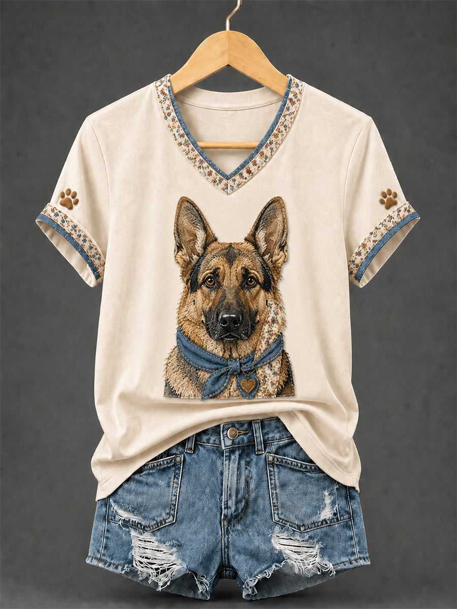 Women's Retro Patchwork Dog Print V-Neck Tee gracestitchs