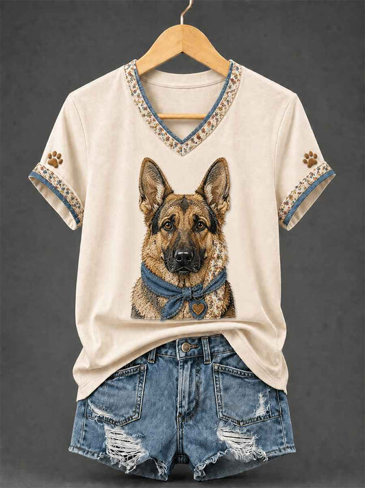 Women's Retro Patchwork Dog Print V-Neck Tee