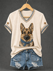 Women's Retro Patchwork Dog Print V-Neck Tee gracestitchs