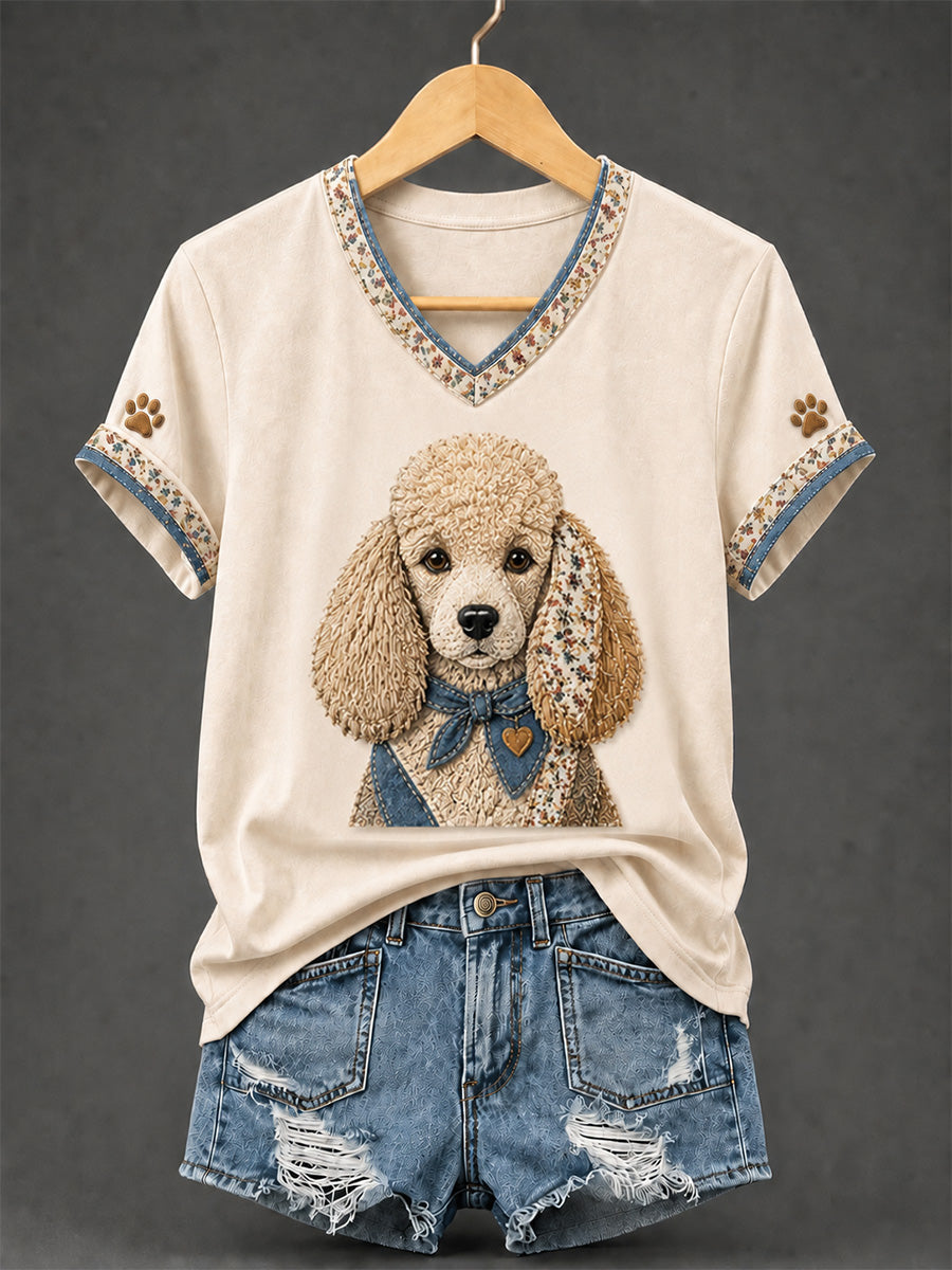 Women's Retro Patchwork Dog Print V-Neck Tee gracestitchs