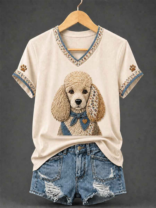 Women's Retro Patchwork Dog Print V-Neck Tee