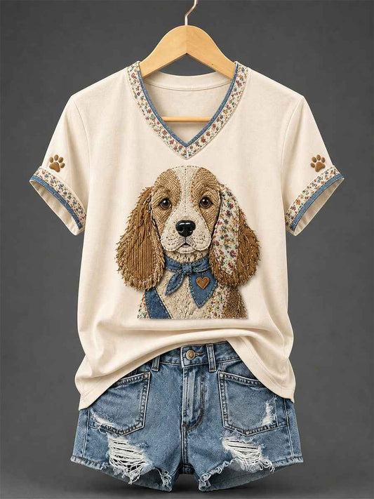 Women's Retro Patchwork Dog Print V-Neck Tee