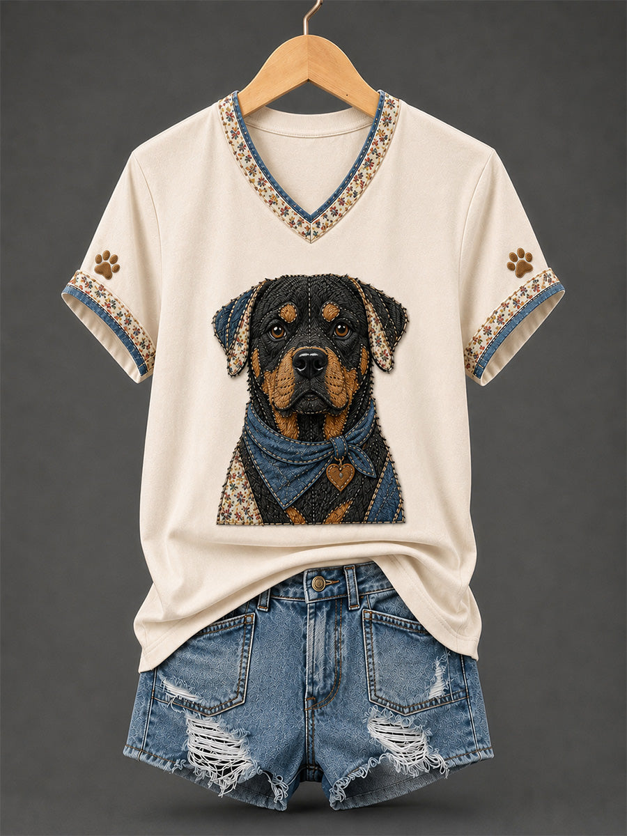 Women's Retro Patchwork Dog Print V-Neck Tee gracestitchs
