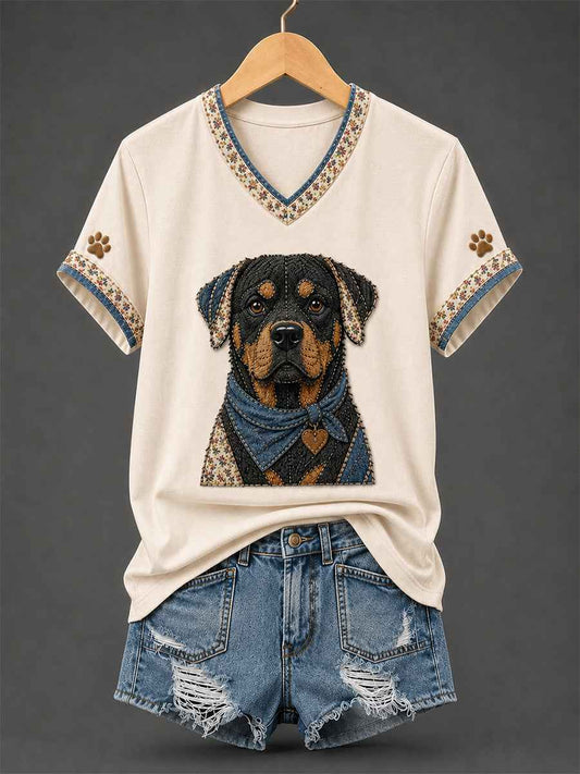 Women's Retro Patchwork Dog Print V-Neck Tee