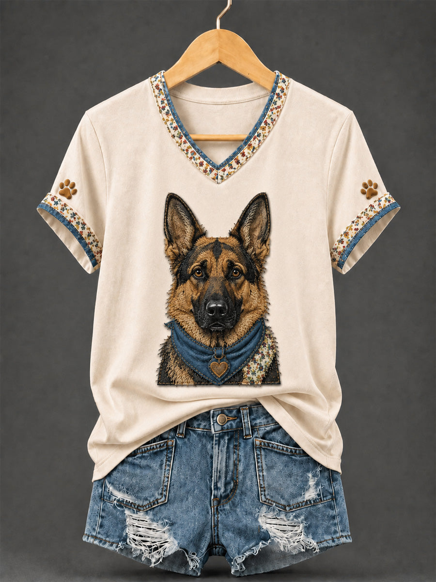 Women's Retro Patchwork Dog Print V-Neck Tee gracestitchs