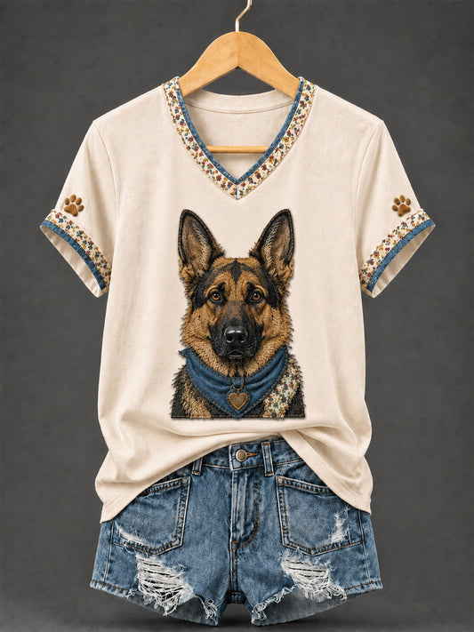 Women's Retro Patchwork Dog Print V-Neck Tee gracestitchs