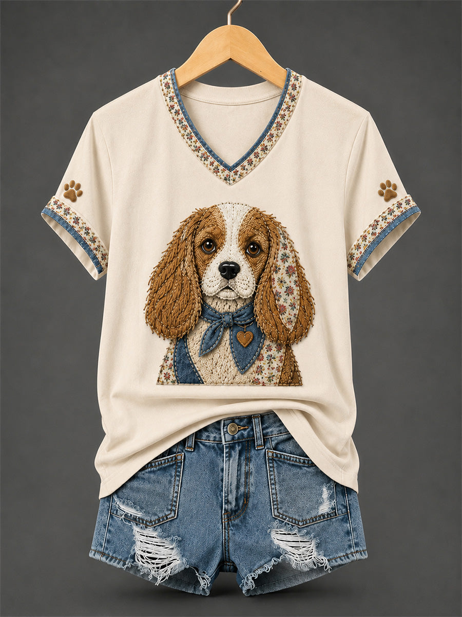Women's Retro Patchwork Dog Print V-Neck Tee gracestitchs