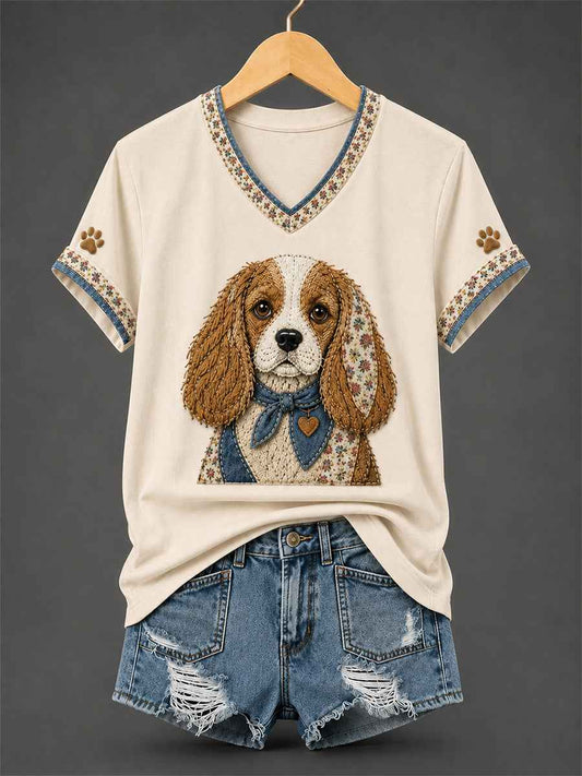 Women's Retro Patchwork Dog Print V-Neck Tee
